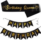 Ensemble ceinture et guirlande Happy Birthday Queen noir avec or - anniversaire - ceinture - reine d'anniversaire - sarah - guirlande de ballons
