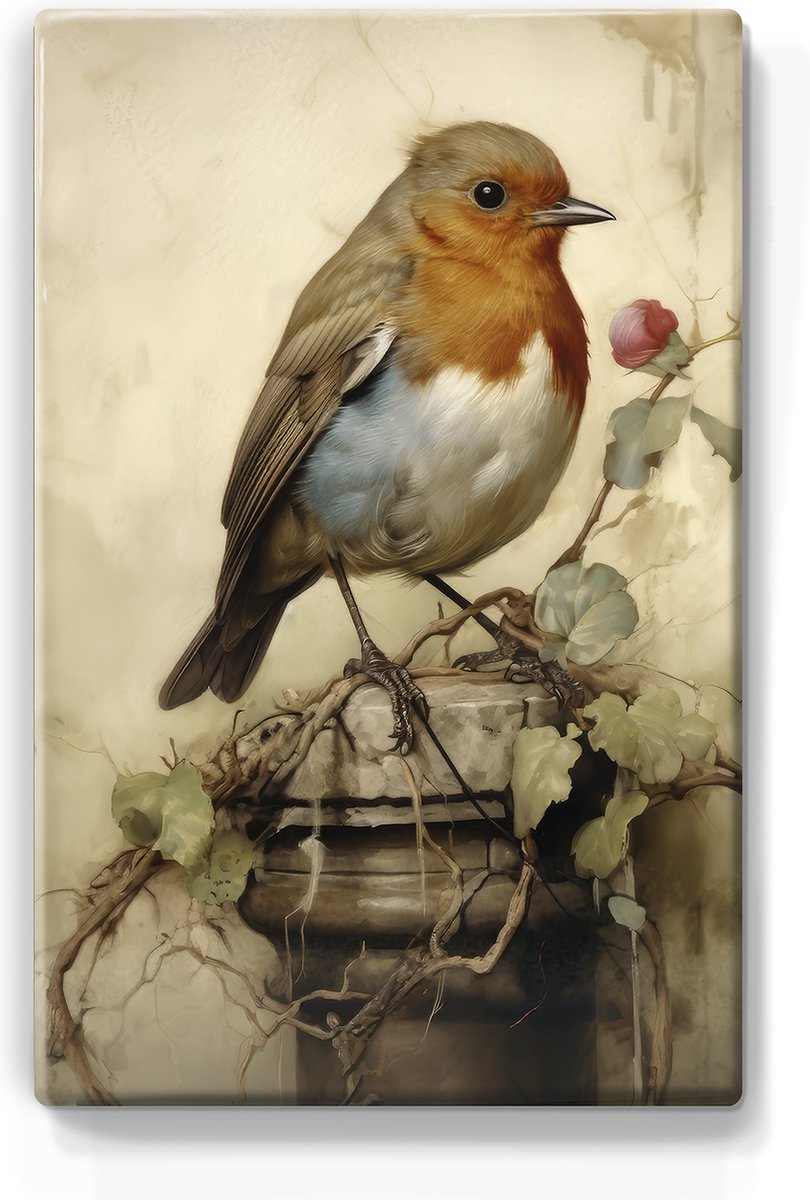 Roodborstje - Laqueprint - 19,5 x 30 cm - Niet van echt te onderscheiden handgelakt schilderijtje op hout - Mooier dan een print op canvas.
