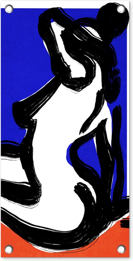 Tuinposter Portret - Rood - Blauw - Abstract - Vrouw - 30x60 cm - Tuindoek - Buitenposter