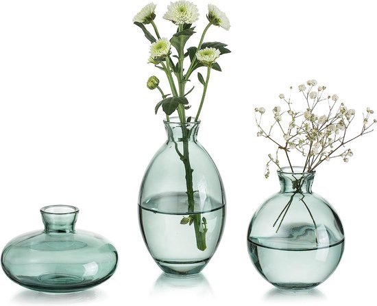 Kleine vazen voor tafeldecoratie, vintage, handgemaakt, 3-delige mini-vaas, glas, groene bloemenvaas, moderne set, verschillende maten, slanke hydrocultuur glazen vaas voor bloemen, decoratie, bruiloft, tafel, woonkamer, salontafel