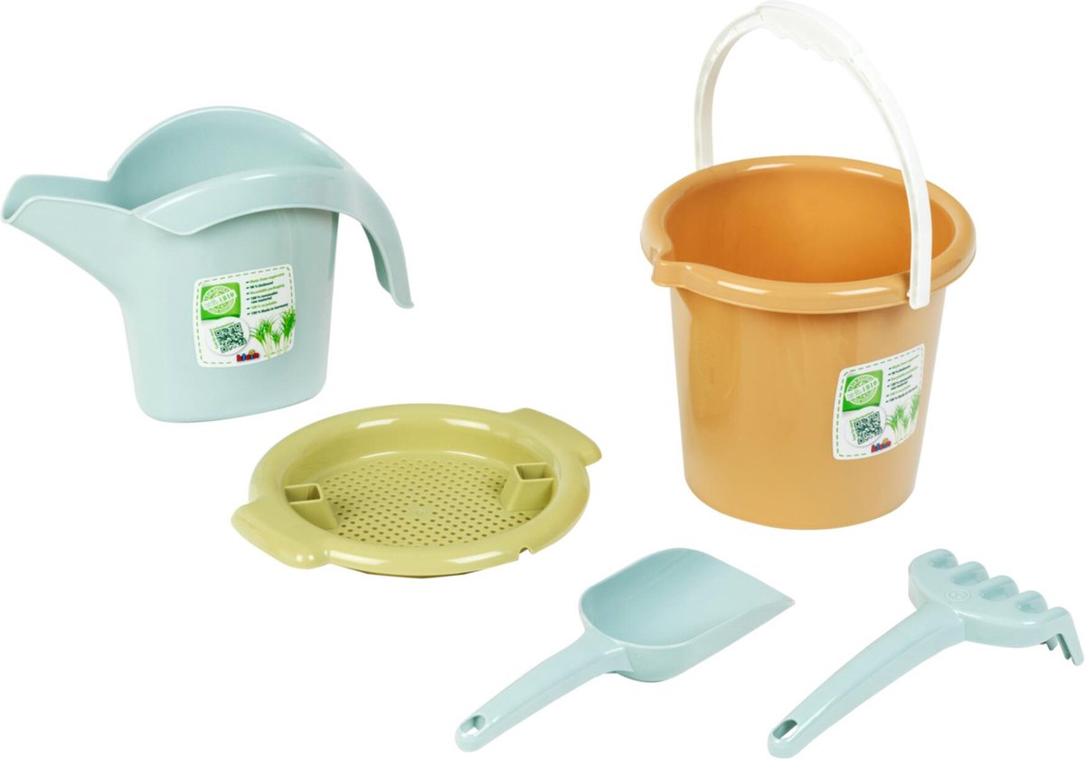 Strandemmer voor kinderen - Zandbak speelset – Strandspeelgoed – Buitenspeelgoed -Emmer - Schep - Hark - Gieter – gemaakt van BIO plastic in de EU