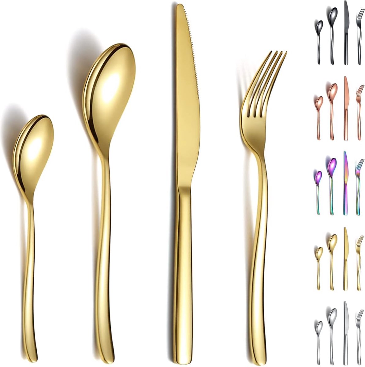 Gouden bestekset, 24-delig, stabiel roestvrij staal, titanium bestek, gouden bestekset, bestekset, roestvrij, vorken en lepels, bestekset, vaatwasmachinebestendig