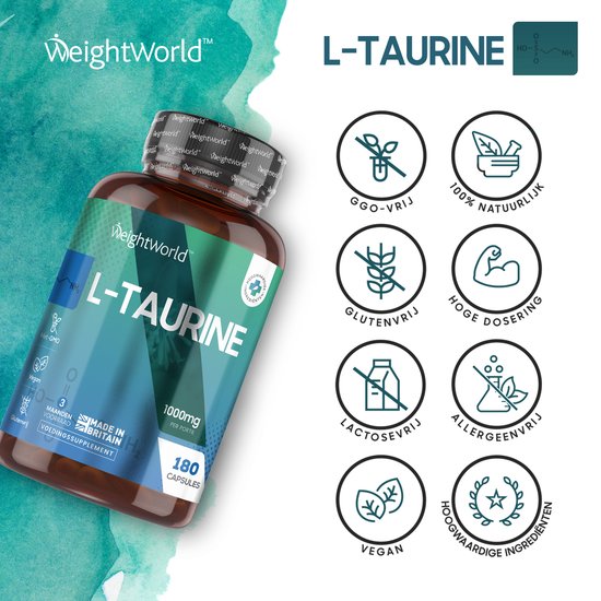 WeightWorld L-Taurine capsules - 1000 mg - 180 vegan capsules voor 3 maanden - 100% puur taurine poeder - Weight World