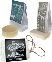 Natuurlijke huidverzorging geschenkset - Loofah spons (set van 2) + blok zeep met biologische koemelk 130gr + shampoobar met ezelsmelk 60gr voor normaal haar - Giftset