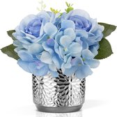 Kunstbloemen zijde in pot, blauwe kunstroos zijde hortensia kunstbloemen met pot, namaakbloemstukken in keramische pot, realistische bloem zijde voor woonkamer kantoor decoratie tafel keuken