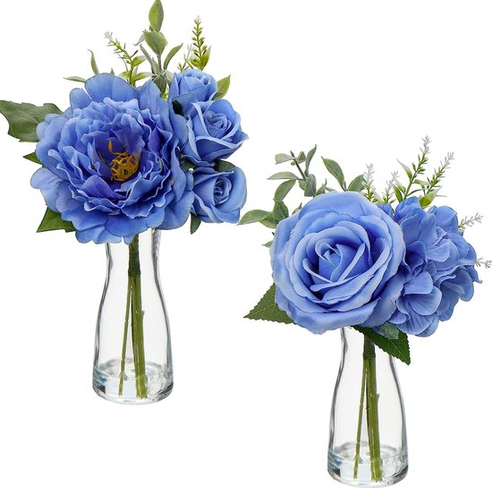 2 stuks kunstbloemen zijde met glazen vaas, blauwe kunstbloemen, hortensia, zijde, pioenroos, kunstroos, kunstbloemen, gemengd, realistische zijden in pot voor woonkamer, kantoor, decoratie, tafel, keuken