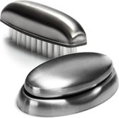 3-delige set handwasborstels van roestvrij staal en roestvrij staalzeep met zeepschaal - perfecte reiniging van handen, voeten en nagels - verwijdert geurtjes (02 stuks - borstel + zeep)
