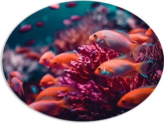 PVC Schuimplaat Ovaal - Groep oranje vissen zwemmen door een roze koraal heen - 96x72 cm Foto op Ovaal (Met Ophangsysteem)