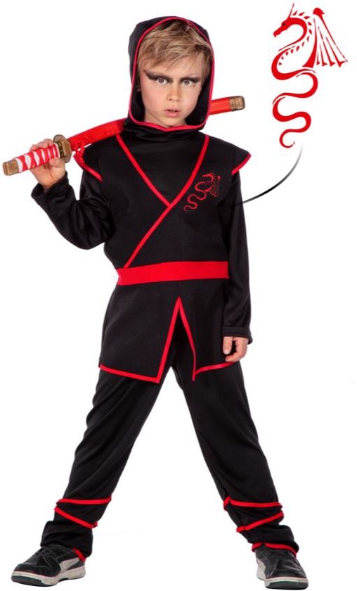 Wilbers & Wilbers - Ninja & Samurai Kostuum - Brad Lee Ninja - Jongen - Rood, Zwart - Maat 128 - Carnavalskleding - Verkleedkleding