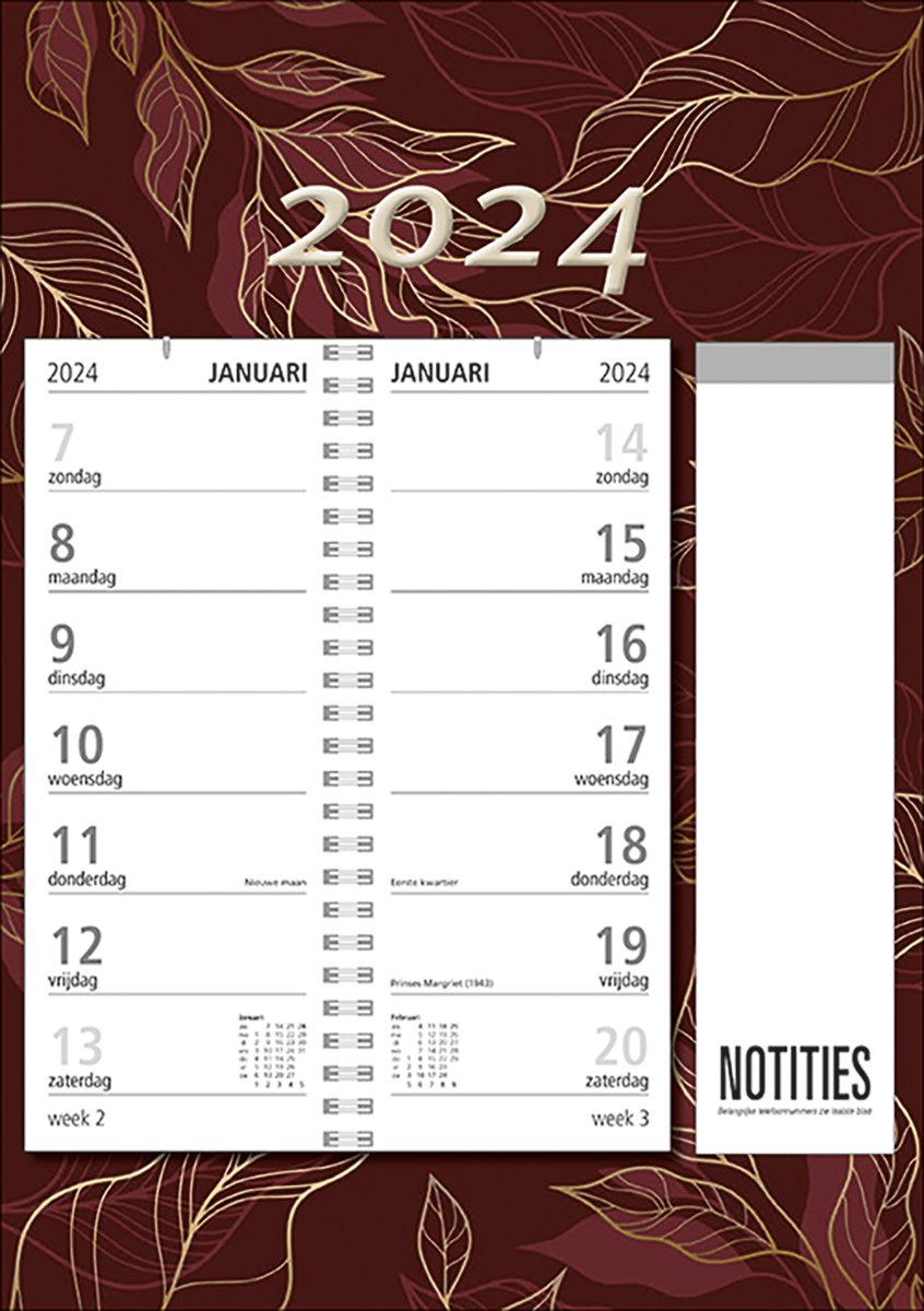 MGPcards - Telefoon(omleg)kalender 2024 - Zondag - Met notitieblok - Bladeren - Bordeaux