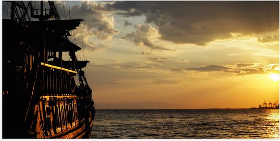 Poster Glanzend – Water - Zee - Boot - Schip - Zonsondergang - 100x50 cm Foto op Posterpapier met Glanzende Afwerking