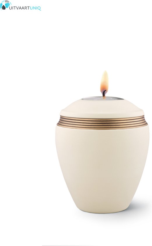 Mini urn creme met herdenkingslichtje- keramiek