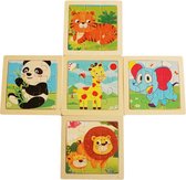 Houten puzzel - 5x - 9 delig - Leeuw Tijger Panda Olifant Giraffe 11x11 cm - Montessori