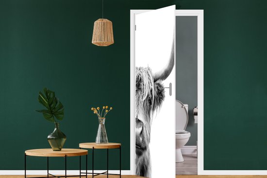 Sticker pour porte Highlander écossais - Animaux - Zwart - Wit - 80x215 cm - Affiche de porte
