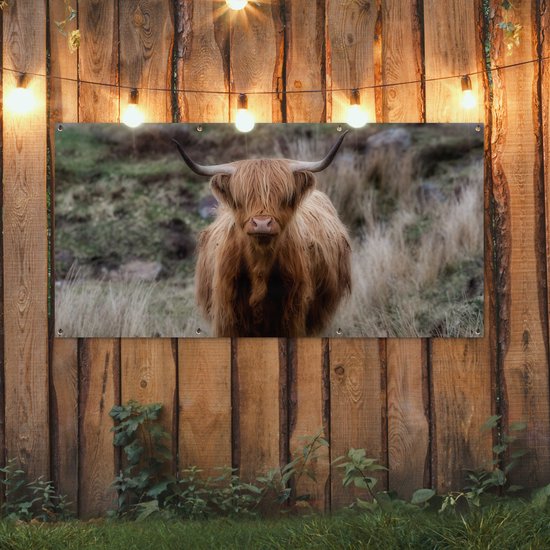 Décoration murale d'extérieur Scottish Highlander - Mousse - Herbe - 160x80 cm - Toile de jardin - Poster extérieur