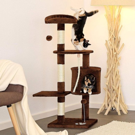 lionto krabpaal voor katten met 2 pluche ballen & speeltouw, hoogte 112 cm, kattenboom met sisaltouw & pluche, comfortabele ligplaats & hol, geschikt voor kleine & grote katten, bruin/beige