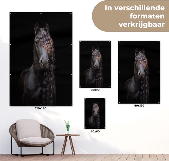 Portrait d'un cheval frison sur fond noir affiche de jardin toile en vrac 60x90 cm - Toile de jardin / Toile d'extérieur / Peintures d'extérieur (décoration de jardin)