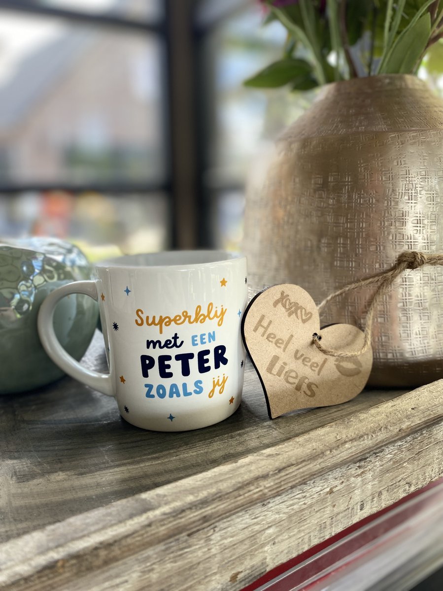 Mok Peter - inclusief houten hartje - Superblij met een peter zoals jij