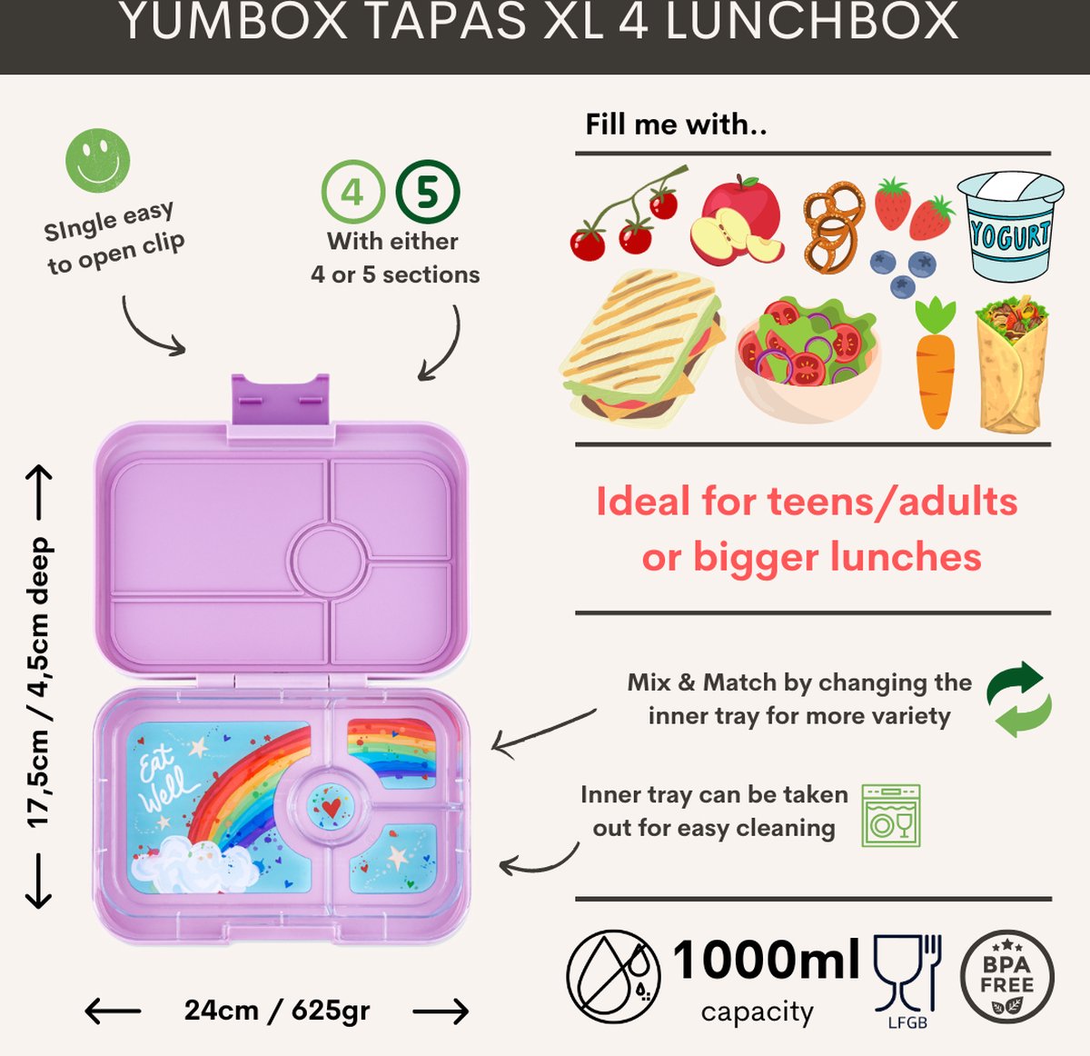 YumBox Tapas 4-Compartment Tray: Seville Purple (Rainbow Tray