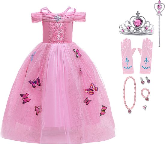 Het Betere Merk - Prinsessenjurk meisje - Roze vlinders - Verkleedkleren meisje - Maat 146/152 (150) - Toverstaf - Kroon - Tiara - Juwelen - Roze handschoenen - Roze jurk - Carnavalskleding kinderen - Kleed