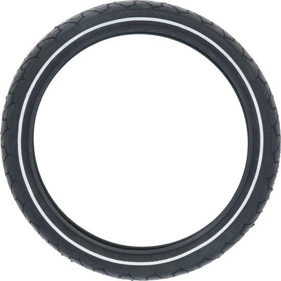 Ronde zwarte fietsband met twee witte reflecterende strepen.