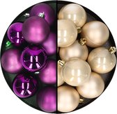 Kerstballen 24x st - mix champagne/paars - 6 cm - kunststof - kerstversiering