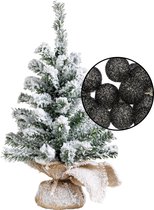 Mini kunst kerstboom besneeuwd - met verlichting bollen zwart - H45 cm