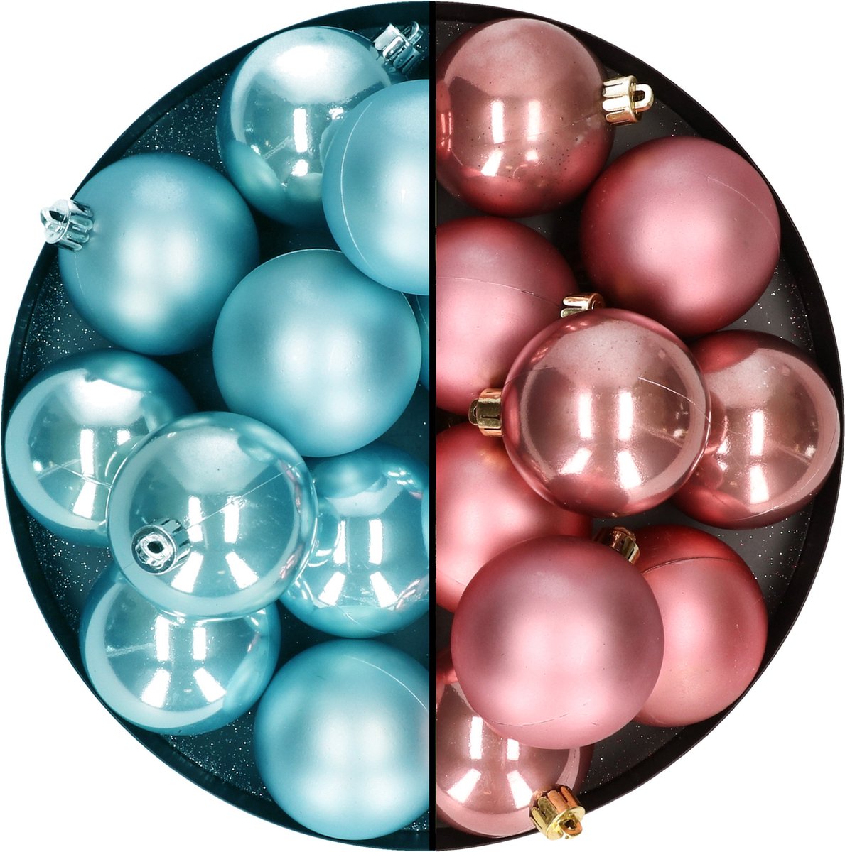 Verschillende 6 cm kerstballen in oudroze en ijsblauwe kleuren, set van 24, gemaakt van kunststof voor kerstversiering.