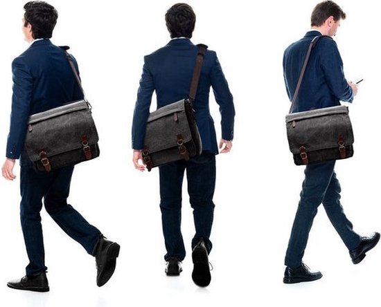 Eshow Schoudertas voor heren, waterafstotend, laptoptas, 13/14/15,6 inch, messenger bag van echt leer en canvas, werktas, schoudertas, vintage, voor werk, universiteit, vrije tijd, kantoor, zwart, 13