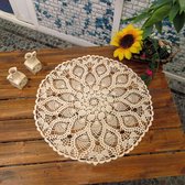 Handgemaakt tafelkleed, placemats, haakpatroon, katoen met kant, rond, 61 cm beige