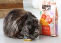 Grijze cyperse kat eet uit een goudkleurig bakje naast een grote zak "TOMMIE THE CAT MET KAKELVERSE KIP".