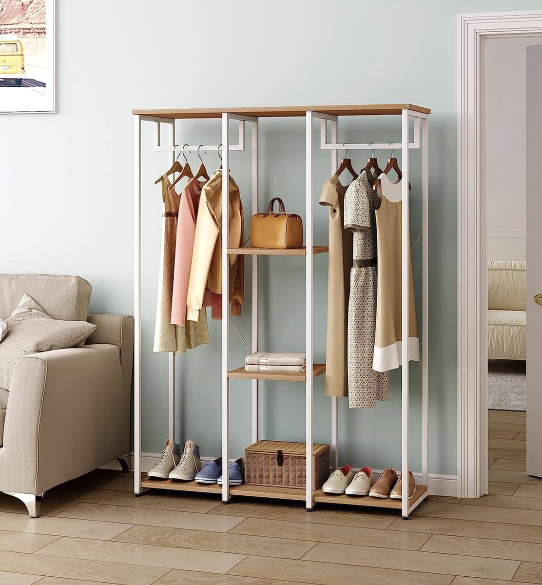 Happyment Kledingkast Japonus - Open - Met opbergruimte - Wit - Schoenenkast organizer - Kapstok - Garderobekast - Garderoberek - Kledingrek metaal – foto 4