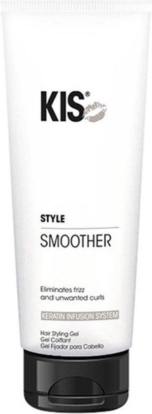 Witte tube met KIS logo, tekst STYLE SMOOTHER en informatie over Kerasyl Infusion System. Zwarte dop.