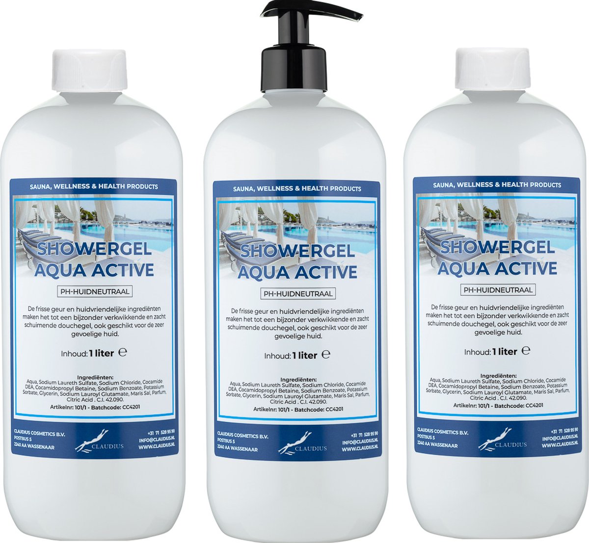 Goedkoopste Douchegel Aqua Active 1 liter - set van 3 stuks - met gratis pomp - Showergel