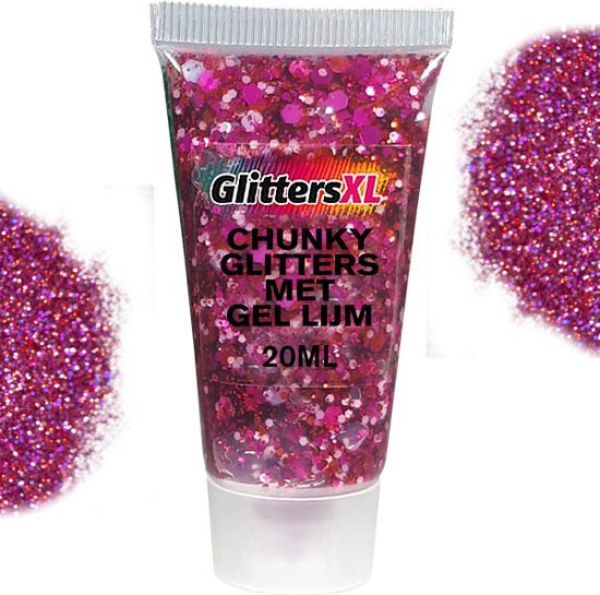 Foto: Chunky glitters met gel lijm tube donker roze volume 20ml festival jewels glitter outfit lichaam en gezicht make up diamond dots face body diamantjes strass steentjes kinderen volwassenen dames makeup tattoo mastix schmink 