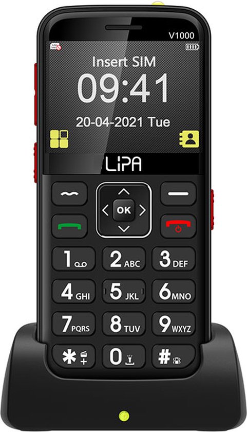 LIPA V1000 senioren telefoon 4G - Batterij - Bluetooth - Camera - Senioren mobiel - Senioren gsm- Met SOS noodknop - Grote toetsen - Grotere iconen - 4G SIM - Docking Station - Luid geluid - FM-Radio -Zaklamp - Bar telefoon - NL menu en handleiding