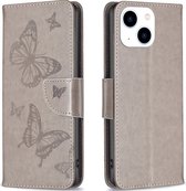Mobigear Telefoonhoesje geschikt voor Apple iPhone 15 Hoesje | Mobigear Butterfly Bookcase Portemonnee | Pasjeshouder voor 3 Pasjes | Telefoonhoesje voor Pinpas / OV Kaart / Rijbewijs - Grijs
