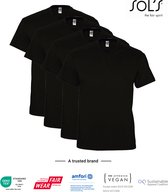 4 Pack SOLS V-hals, Heren T-Shirt 100% katoen V-hals, Zwart, Maat XL