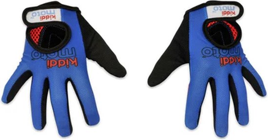 Blauwe Kiddimoto kinderhandschoenen met zwarte vingers en rode details. Het logo 'KIDDIMOTO' staat in witte letters op de handpalm.