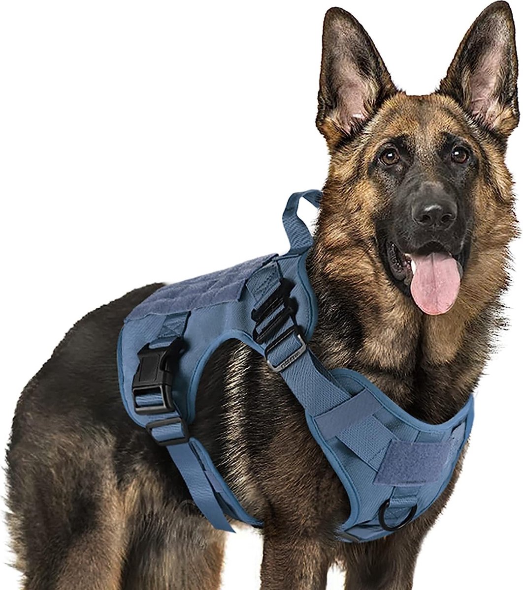 Anti-trek hondenharnas voor grote / grote honden, tactisch borstharnas met handvat metalen gesp, militair ademend veiligheidsharnas, verstelbaar gewatteerd hondenvest, XL blauw