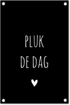 Tuinposter tekst - Pluk de dag - Quotes - Tuindecoratie Zwart met Wit - Tuinschilderij voor buiten - Schutting decoratie - Tuin - 40x60 cm - Schuttingdoek - Tuindoek - Wanddecoratie buiten