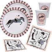Set de vaisselle jetable Paarden Party - 10x assiettes / 10x tasses / 20x serviettes - gris/rose