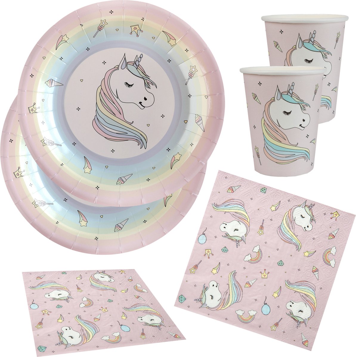 Eenhoorn feest wegwerp servies set - 20x bordjes / 20x bekers / 20x servetten - roze