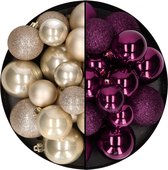 Boules de Noël 60x pièces - mélange violet/champagne - 4-5-6 cm - plastique - décorations cerises