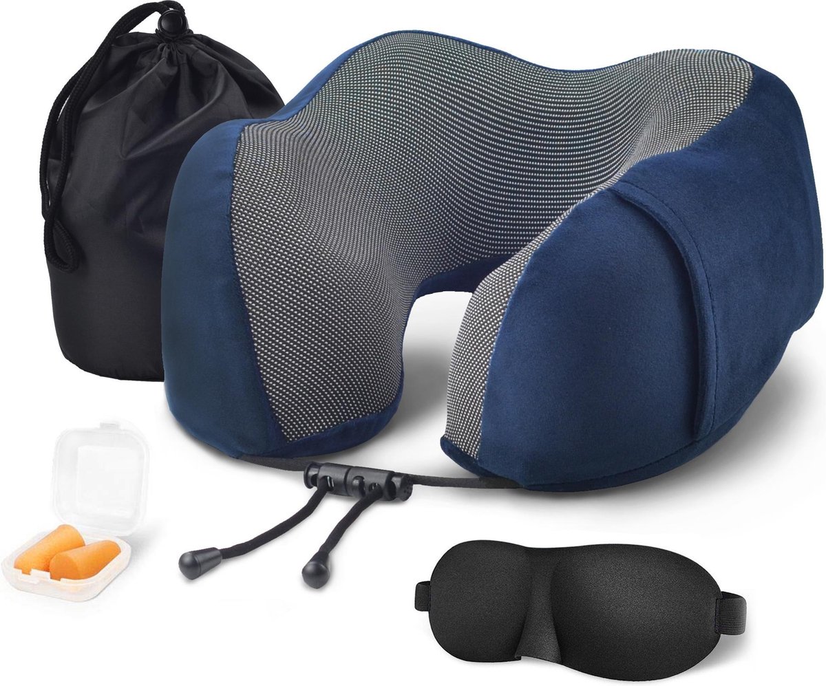 SUNMOOL Nekkussen Vliegtuig - Memory Foam Nekkussen Inclusief Slaapmasker & Oordopjes - Reiskussen - Vliegtuig Kussen - Travel Pillow : Blauw