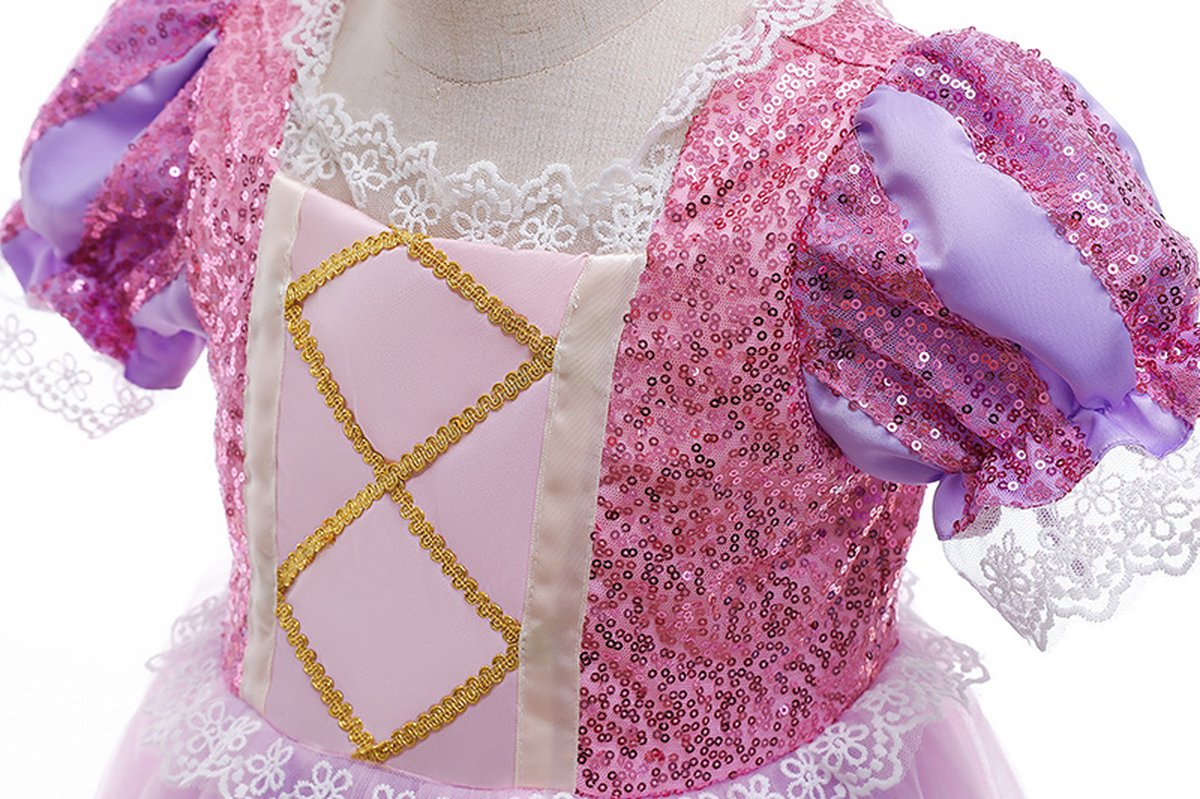 Joya Kids® Paarse Prinsessenjurk meisje | Verkleedjurken meisjes | Prinses met Lange Vlecht jurk Roze en Paars | Met Kroon en Toverstaf | (110) — afbeelding 12