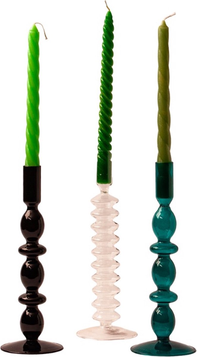 WinQ - Kleurige Glaskandelaren in een Zwart/ Groen Combinatie. Kaarsenhouder glas - Set bestaande uit 3 stuks – Decoratie woonkamer – geschikt voor Dinerkaarsen