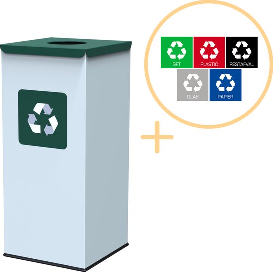 Alda Eco Square Nord White Bin, Prullenbak - 60L - Wit/Groen - Afvalscheiding Prullenbakken - Gemakkelijk Afval Scheiden – Recyclen - Afvalemmer - Vuilnisbak voor huishouden en kantoor - Afvalbakken - Inclusief 5-delige Stickerset