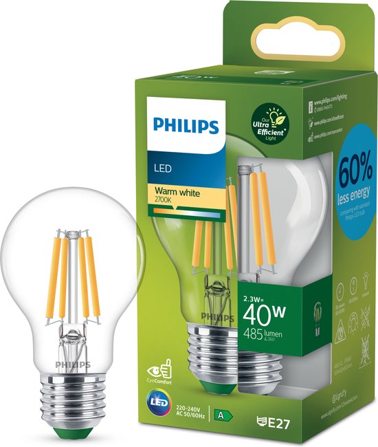 Philips Ultra Efficient LED lamp Transparant - 40 W - E27 - Warmwit licht