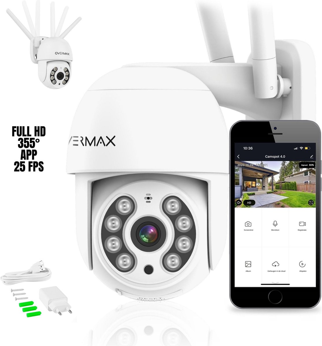Overmax Camspot PTZ - Bewakingscamera voor Buiten - Full HD - Outdoorcamera 355° - APP - Nachtmodus - Temperatuur van -10°C tot + 50°C